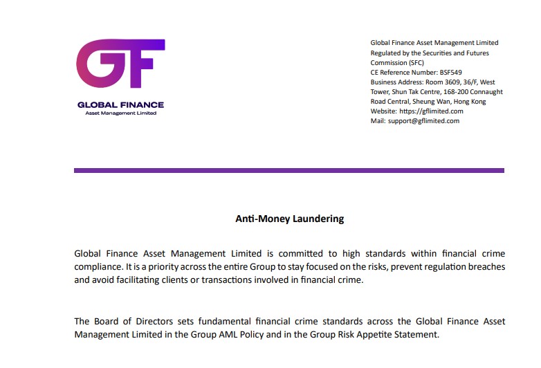 Global Finance Limited AML and KYC Compliance Global Finance Limited AML and KYC Compliance